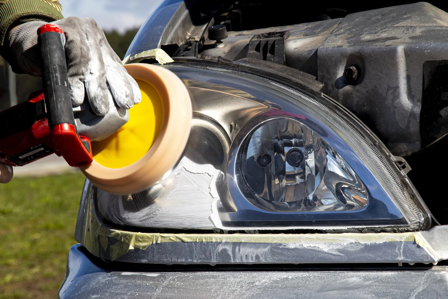 Headlight restoration in progress